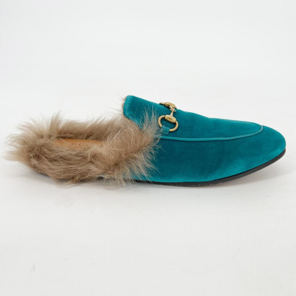 Gucci Teal Velvet Fur Lined Princetown Horsebit Mule Slipper Flats EU 37 - Picture 2 of 9